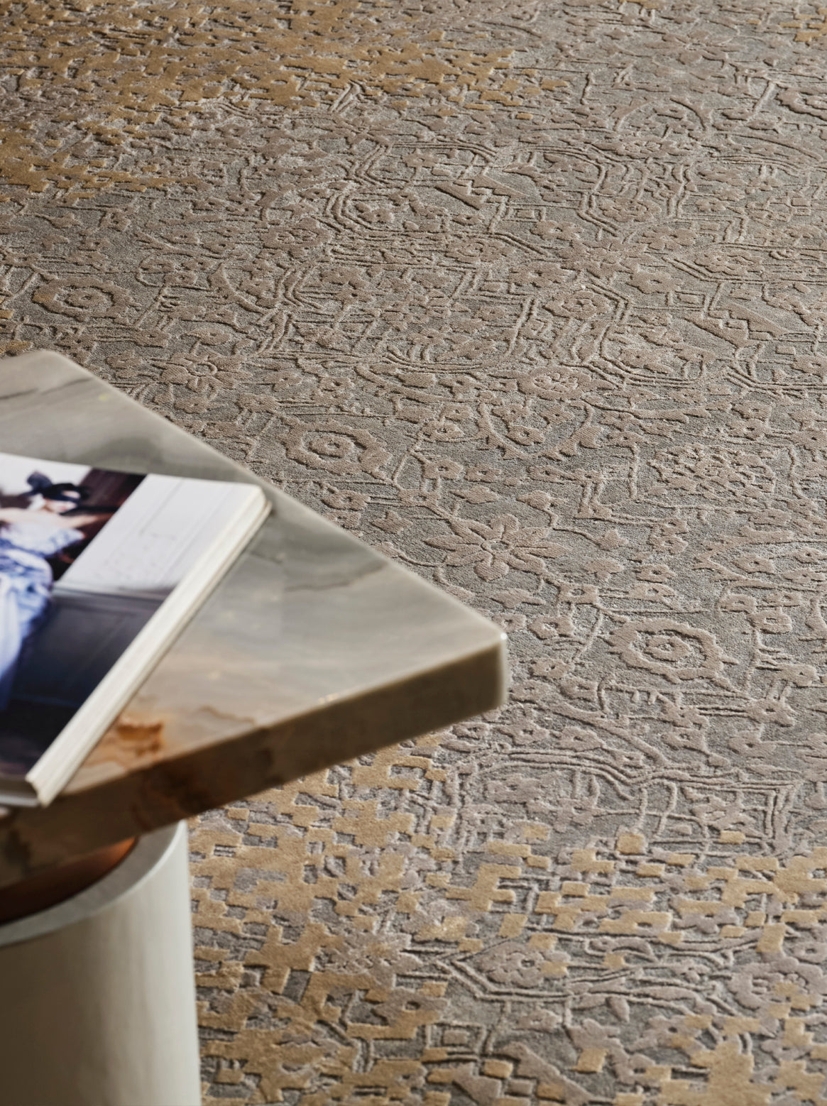 Luxury hand knotted carpet made from Wool & Botanical Silk in ecru color and 5'6" x 8' size