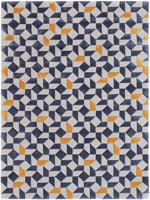 Hands MONTAGE Blue Gold Luxury Carpet - Wool & Botanical Silk, Hand Tufted (3' x 5')