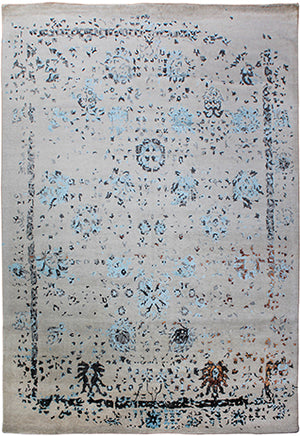 Hands P 1379 Blue Beige Luxury Carpet - Wool & Bamboo Silk, Hand Knotted (9' x 12')